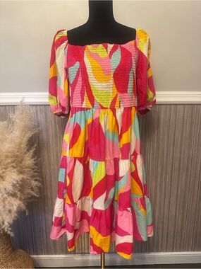 Flying Tomato Colorful Abstract Smocked Mini Dress Size 3X Puff Sleeve Tiered